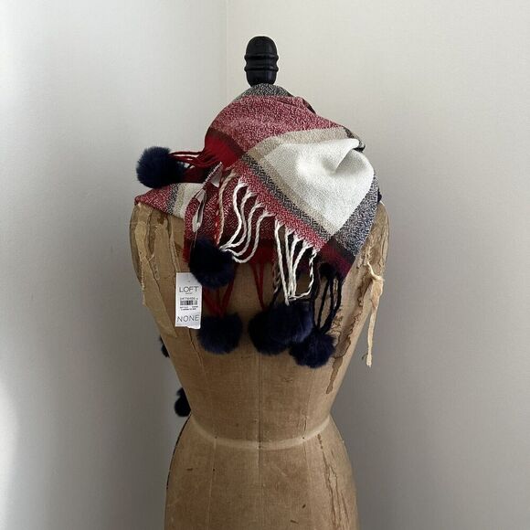 LOFT Outlet Plaid Scarf with Faux Fur Poms 79" X 28" Soft Red Navy Cream NWT - Picture 3 of 7